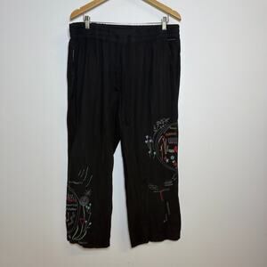 Johnny Was Pete Greta Large Black Linen Wide Leg Embroidered Doodle Pants Size L